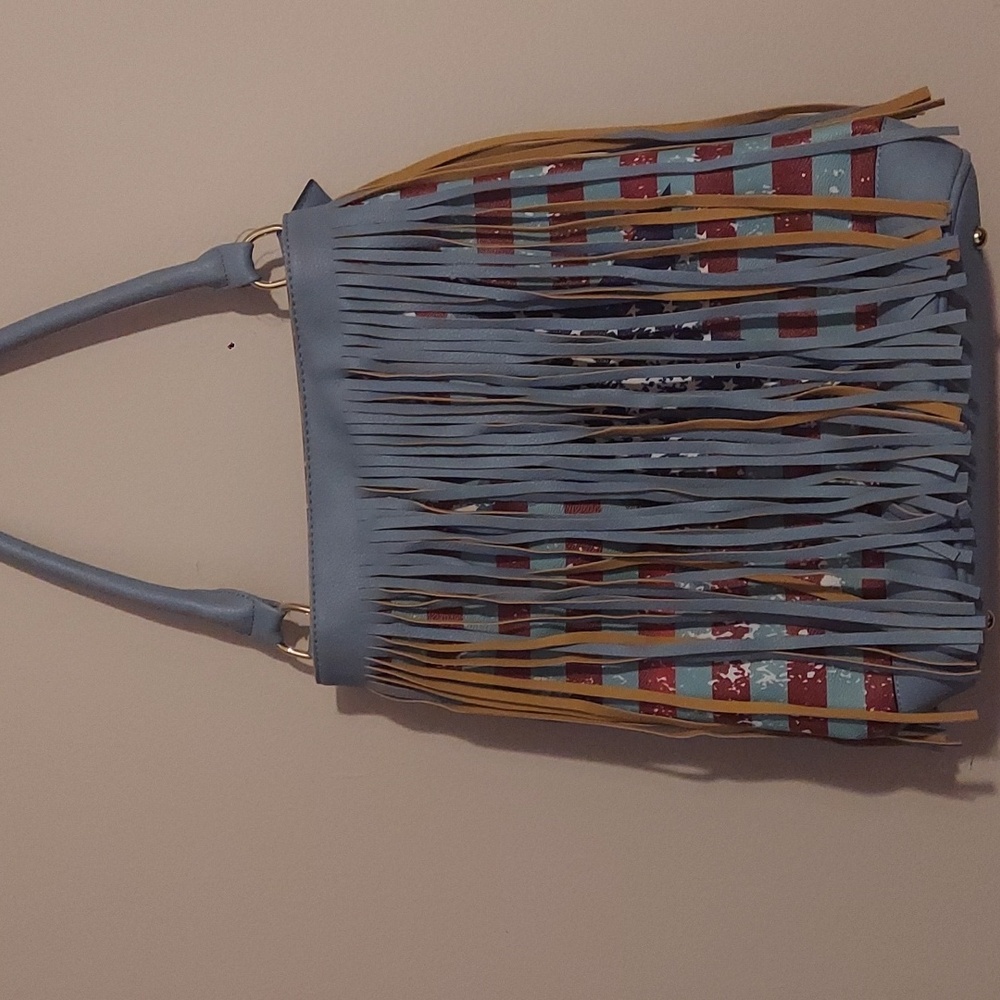 Boutique 11 X 14, red, whute & blue fringe bucket bag w/detached longer strap